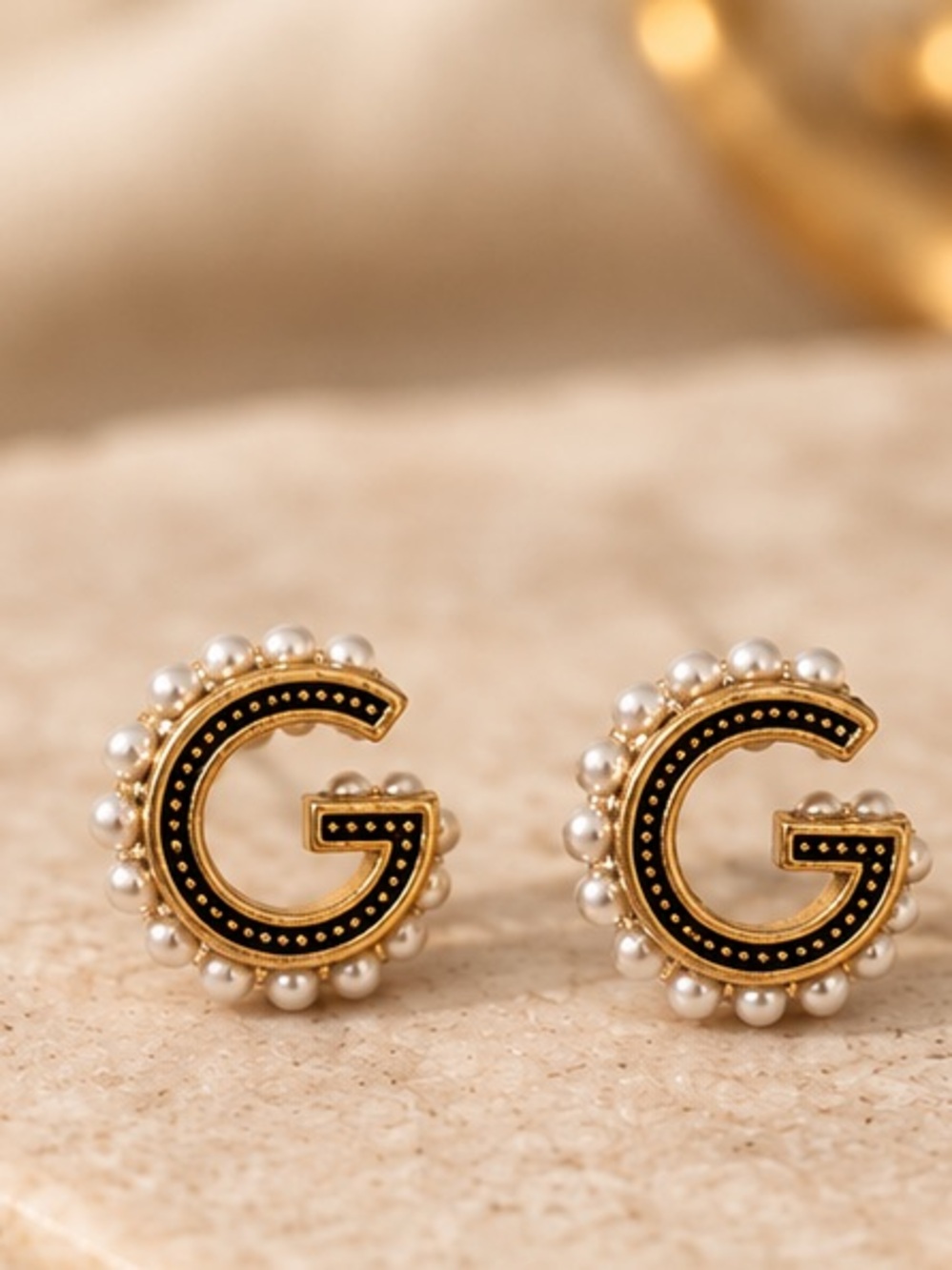 Designer Inspired Pearl G Stud Earrings Gold Black